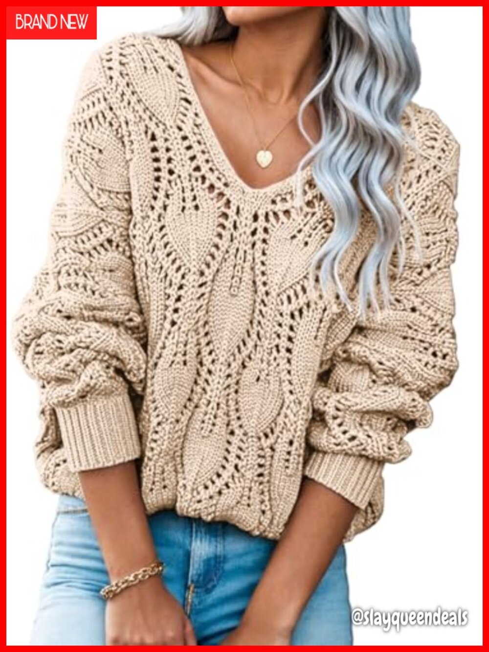 Women's Crochet Hollow Out V Neck Long Sleeve Pullover Sweater